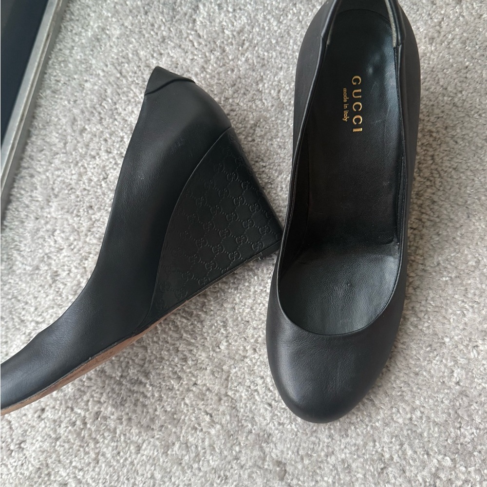 GUCCI LEATHER WEDGES PUMPS HIGH 3.5" EMBELLISHED HEELS-BLACK-SZ 38-MADE in ITALY